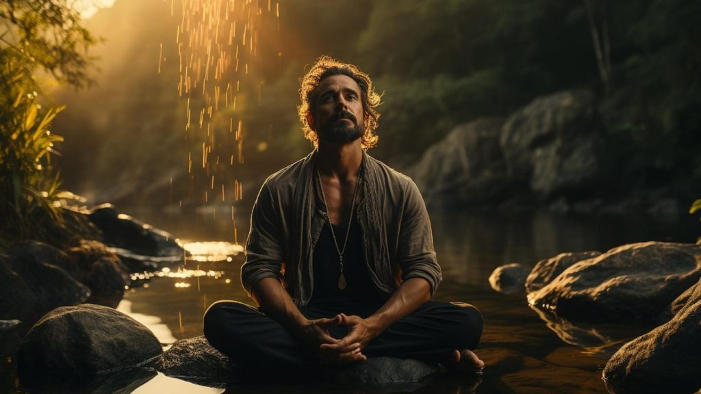 Uomo in meditazione all’aperto, simbolo di connessione tra corpo e mente