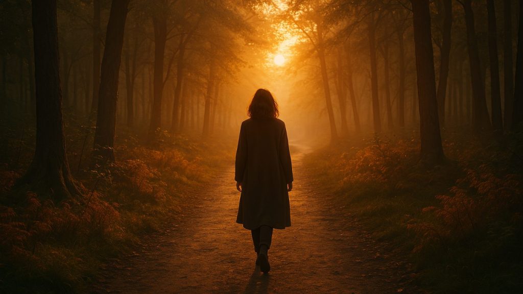 Donna che cammina nella natura, simbolo di ritorno a sé e crescita personale interiore