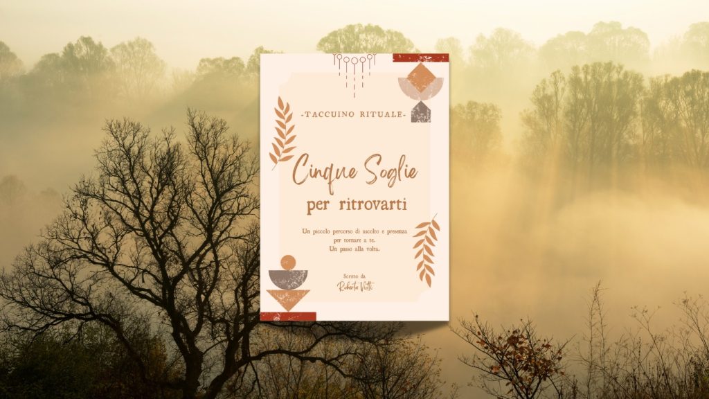 Copertina del PDF "Cinque soglie per ritrovarti" su sfondo naturale con alberi – un invito al sentire e al radicamento