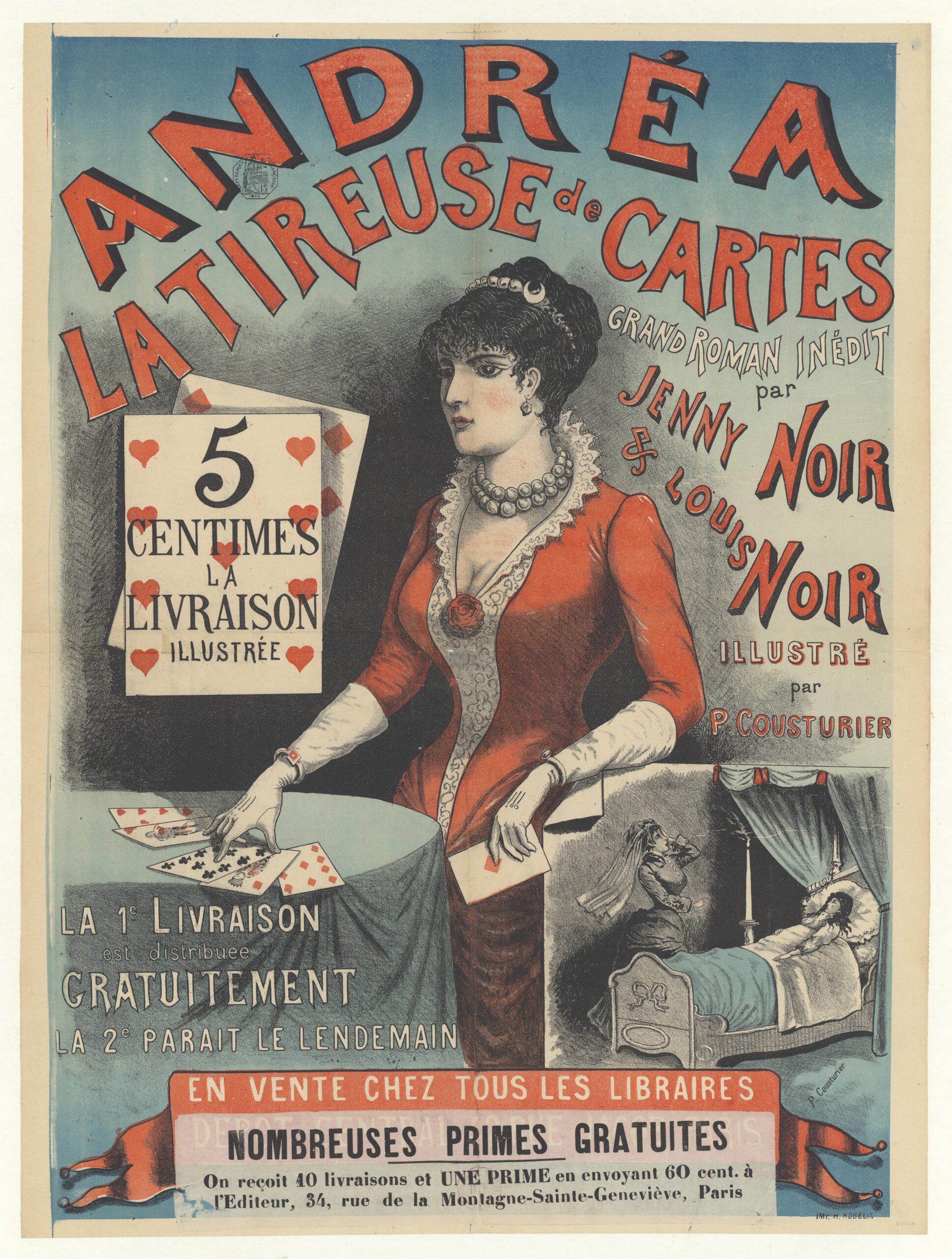 Manifesto pubblicitario francese d'epoca dedicato ad Andréa, la tireuse de cartes, illustrato da P. Cousturier.