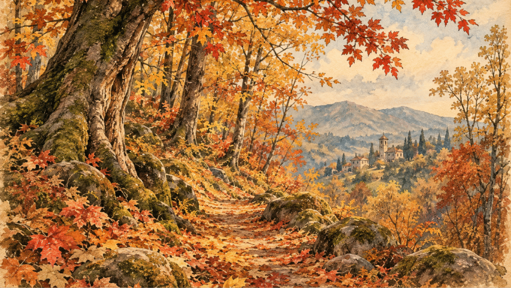 Illustrazione ad acquerello di un sentiero nel bosco autunnale, tra alberi dalle foglie dorate e rosse e un paesaggio collinare sullo sfondo.