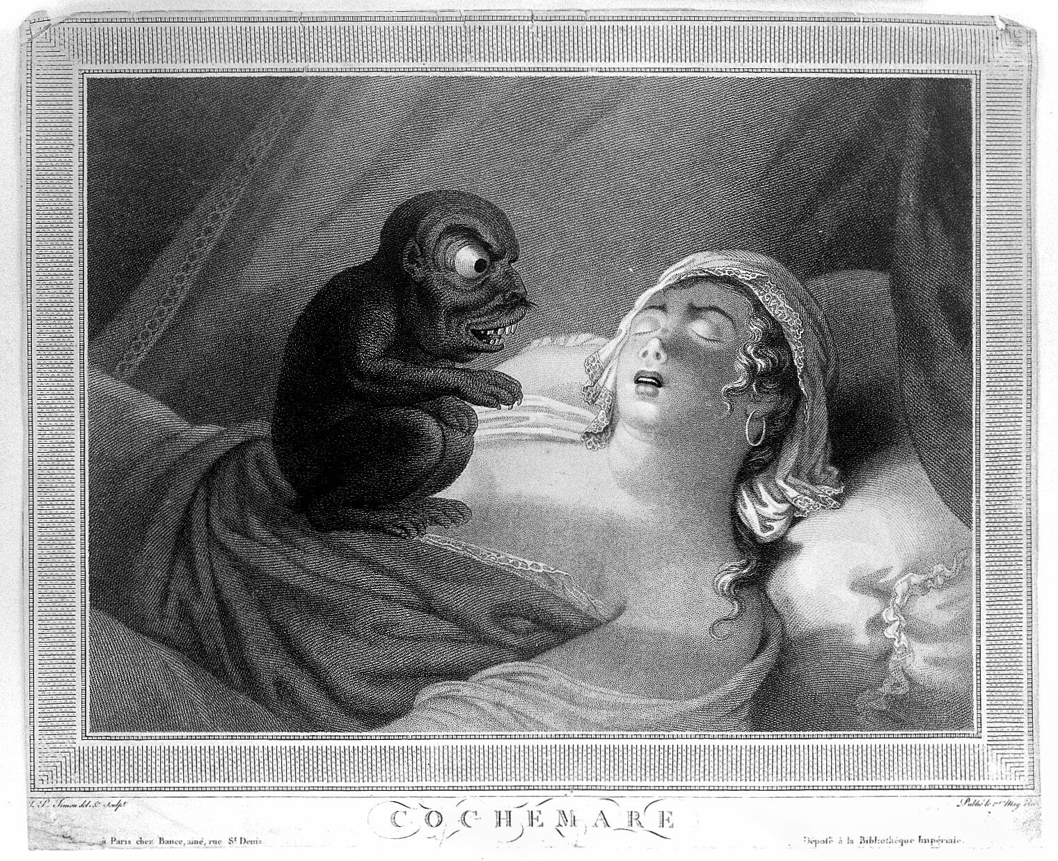 Donna addormentata con una creatura dell'incubo, incisione Cochemare del 1810