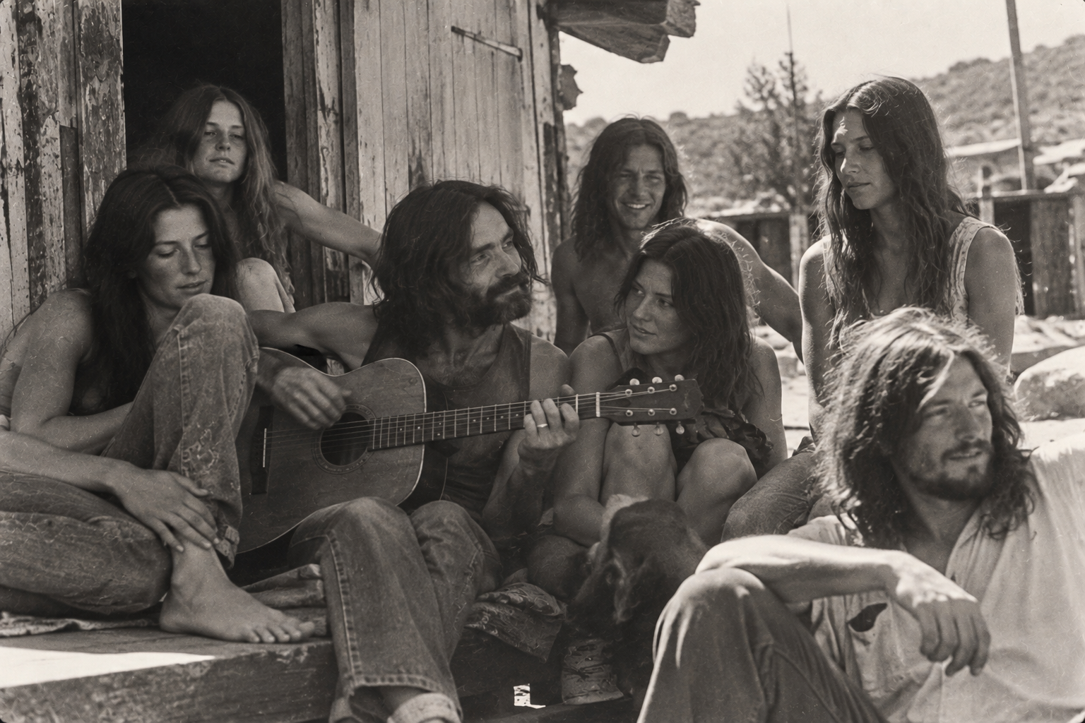 Gruppo di giovani riuniti intorno a una figura ispirata a Charles Manson