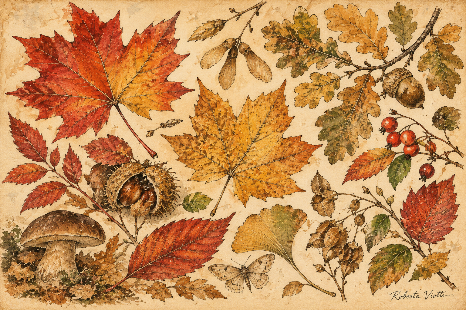 Illustrazione botanica vintage con foglie autunnali rosse, gialle e arancioni, ghiande, castagne e funghi.