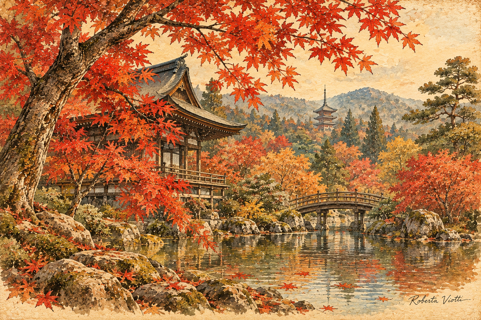Illustrazione vintage di un paesaggio giapponese autunnale con aceri rossi, ponte, laghetto e tempio tradizionale.