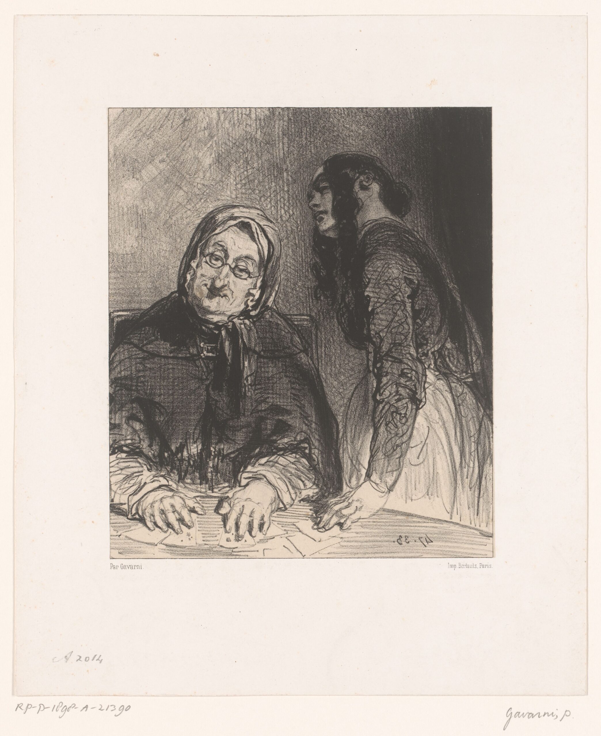 Litografia di Paul Gavarni del 1847: un'anziana cartomante seduta al tavolo con una giovane donna accanto a lei.