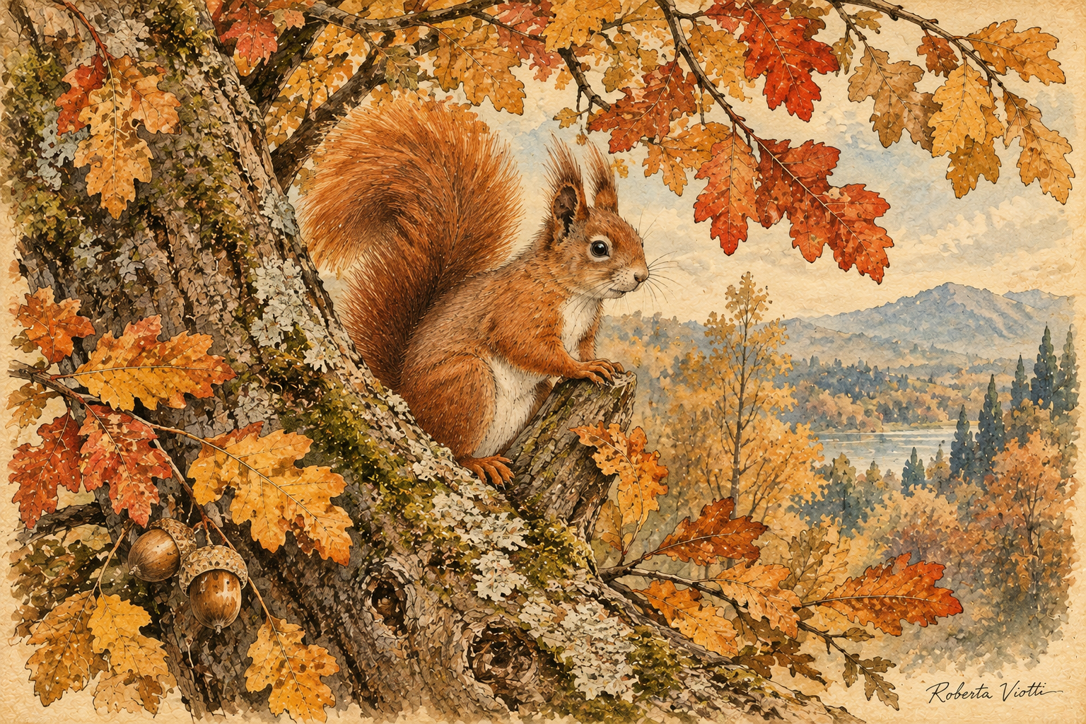 Illustrazione vintage di uno scoiattolo rosso su un albero, circondato da foglie autunnali e ghiande.