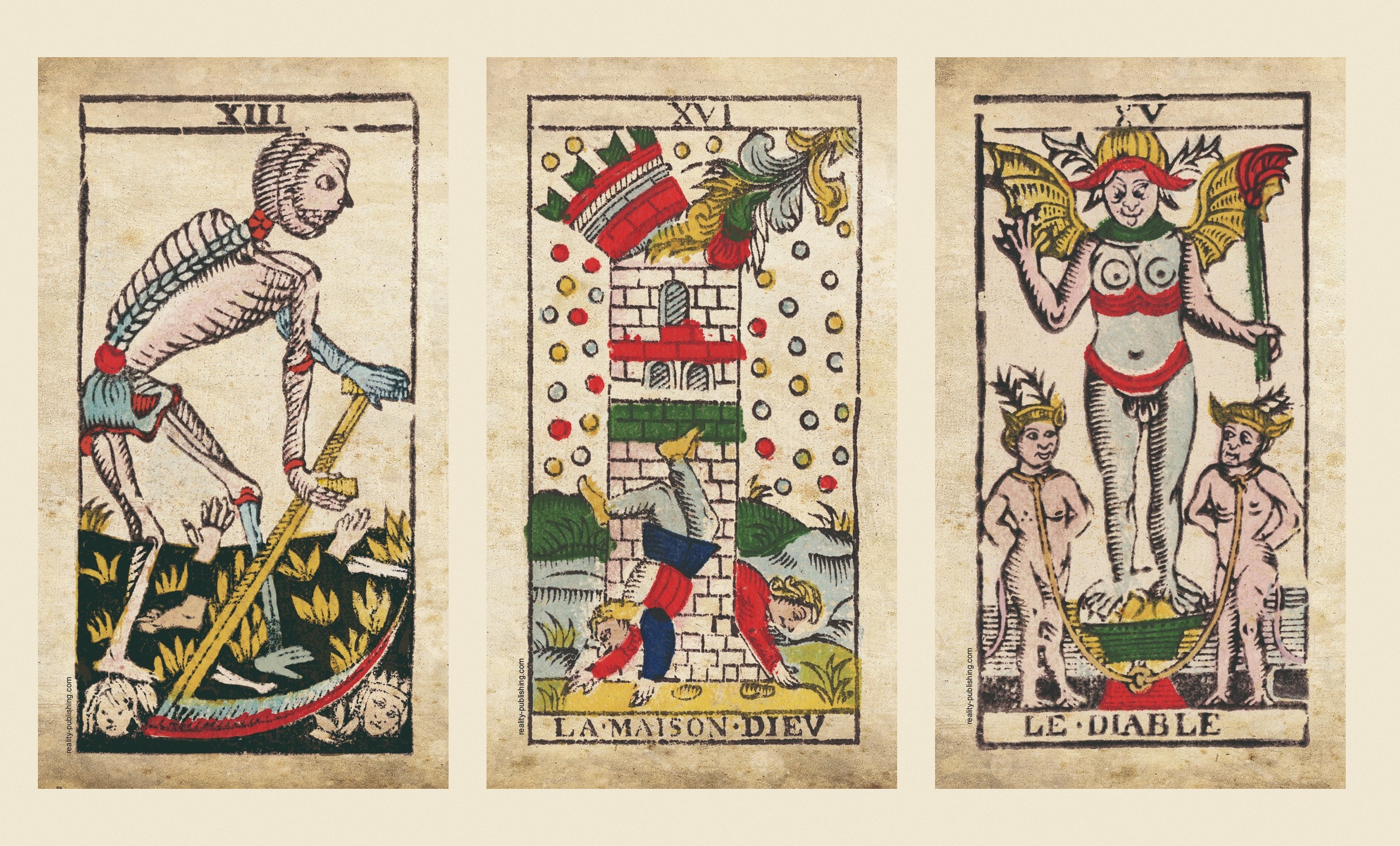 La Morte XIII, la Torre XVI e il Diavolo XV: tre Arcani Maggiori del Tarocco di Marsiglia secondo Nicolas Conver.